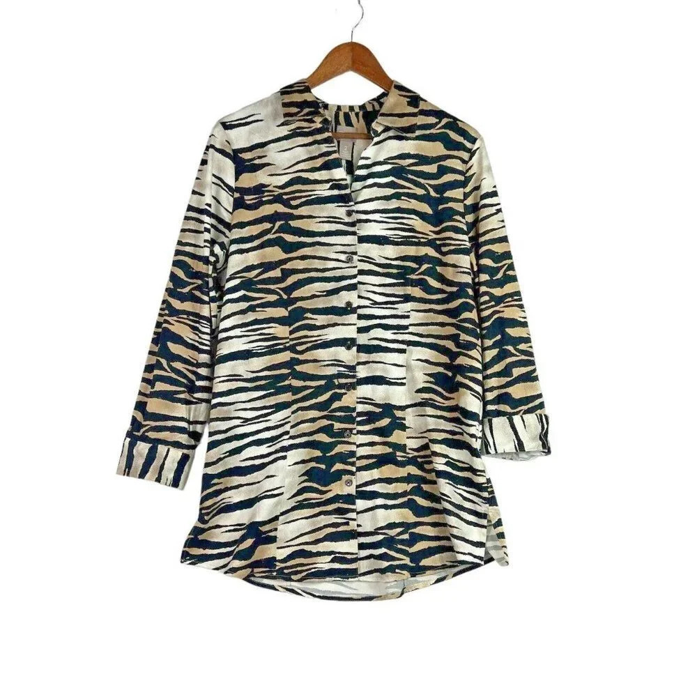 Chicos Button Down Shirt XL / 2 Tiger Animal Print Cotton Neutral Print Longline